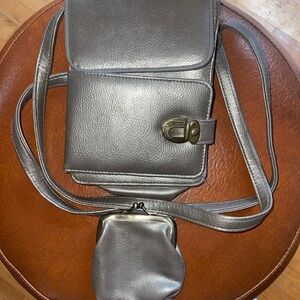 VTG 1995 Sassoon Cross Body Bag/Purse With Coin Purse NWOT Gray Leather Hip